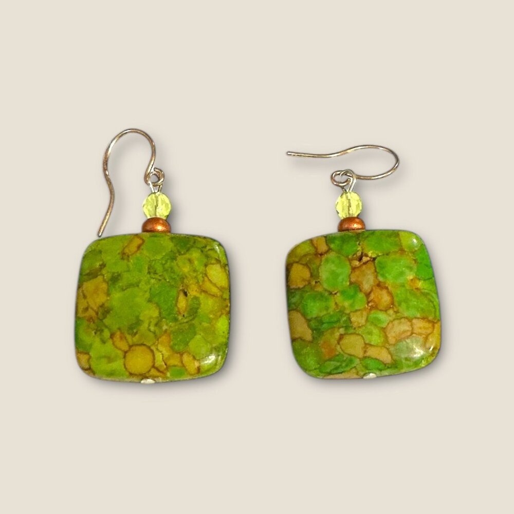 Green Mosaic Stone Dangle Earrings With Yellow Beads & Copper Accents